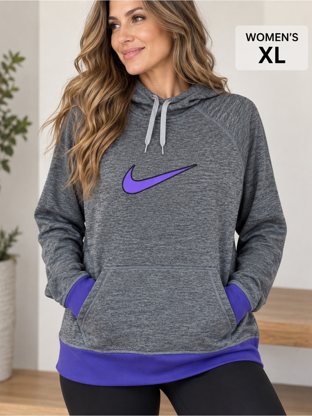 Women’s women’s XL Gray Pullover Hoodie with Purple Accents